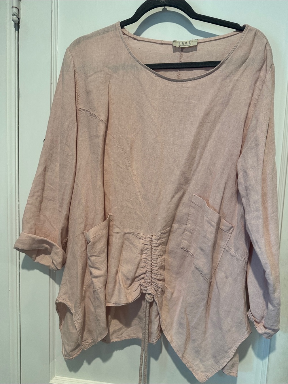 Light Pink Linen Gathered-Hem Tunic with Patch Pockets